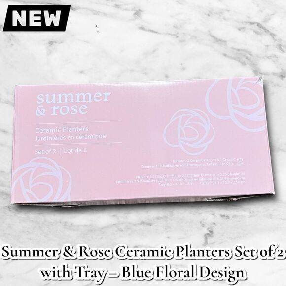 NEW Summer & Rose Ceramic Planters Set of 2 with Tray – Blue Floral Design - Picture 6 of 10